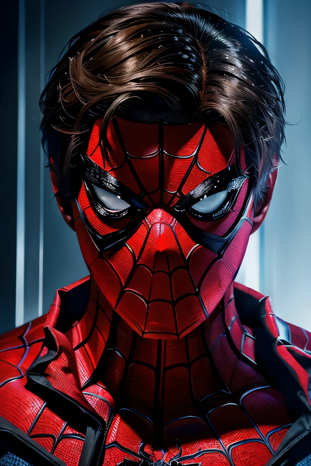 man wearing spider man costume, red light coming out of his eyes, peter parker, highly detailed exquisite fanart, spider man portrait, spider - verse art style, Peter Parker as Spider-Man