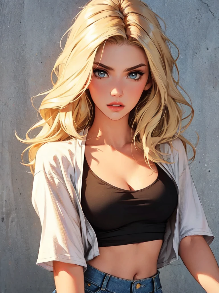 （realistic， A high resolution：1.3）， 1 girl with perfect body，slender body, Super beautiful face and eyes，Boho bob hair，blonde hair,  T-shirt in random colors：1.2， Short jeans，Expose the cleavage