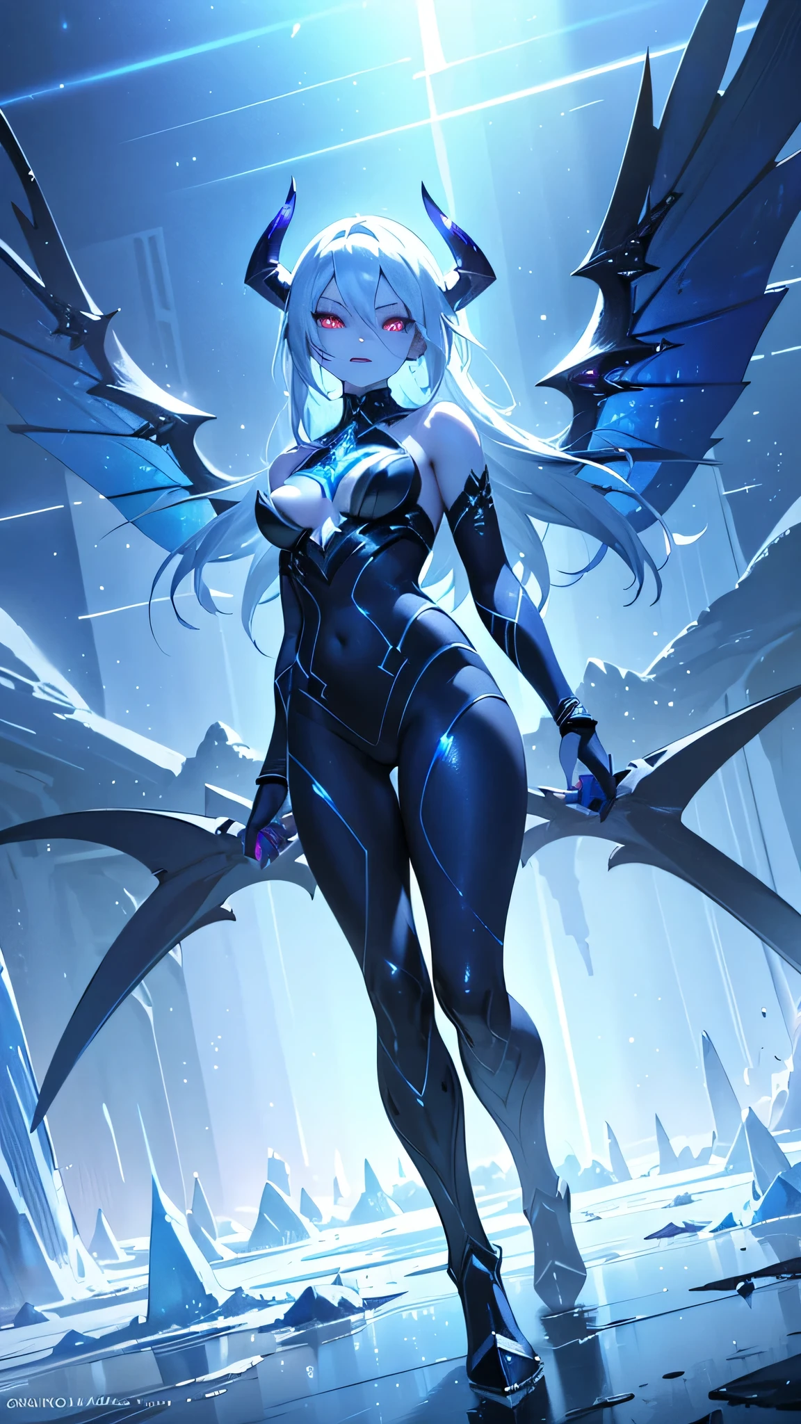 A blue-skinned demon girl, icy wings, sharp gaze, icy world, full body, red eyes, ice reflecting light, shafts of light, glowing, best quality, 8k, highres, masterpiece, ultra-detailed, realistic, photorealistic, studio lighting, extreme detail description, professional, vivid colors