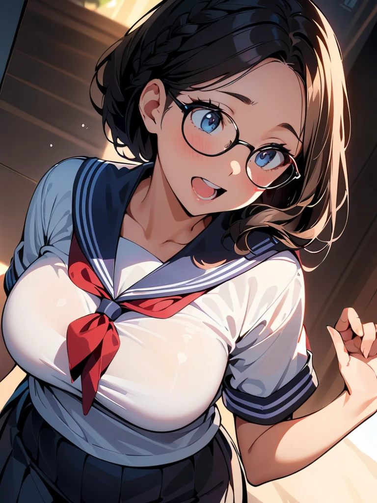 (high quality, 8K, 4k, high contrast, masterpiece:1.2, 最high quality, best aesthetics), (dynamic angle), ((1 female)), erotic, sexy, mature body, JK, , Braid, Glasses, sexyな唇, excited, Chairman, sailor suit:1.2, open your mouth.