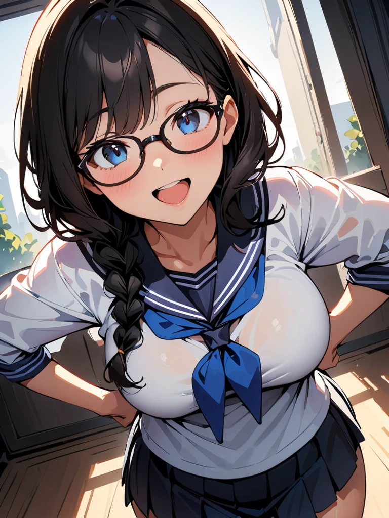 (high quality, 8K, 4k, high contrast, masterpiece:1.2, 最high quality, best aesthetics), (dynamic angle), ((1 female)), erotic, sexy, mature body, JK, , Braid, Glasses, sexyな唇, excited, Chairman, sailor suit:1.2, open your mouth.