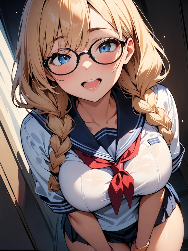 (high quality, 8K, 4k, high contrast, masterpiece:1.2, 最high quality, best aesthetics), (dynamic angle), ((1 female)), erotic, sexy, mature body, JK, , Braid, Glasses, sexyな唇, excited, Chairman, sailor suit:1.2, open your mouth.