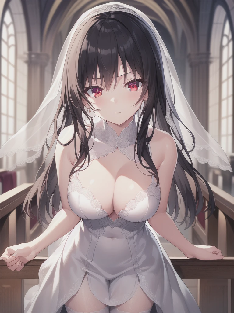 A girl，long hair, Bangs, black hair, Hair between the eyes, (Red eyes:1.5),  (Large :1.2), 
rest  锁骨, Wedding dress，veil，wedding，White dress，Flowers，Broken skirt，White socks，Tights，White knee socks，
looking at viewer, whole body,
indoors, church，Standing，Standing，
rest (masterpiece:1.2), best quality, high resolution, Unity 8k Wallpaper, (illustration:0.8), (Beautiful and delicate eyes:1.6), Extremely detailed face, Perfect lighting, Extremely detailed CG, (Perfect hands, Perfect anatomical structure),