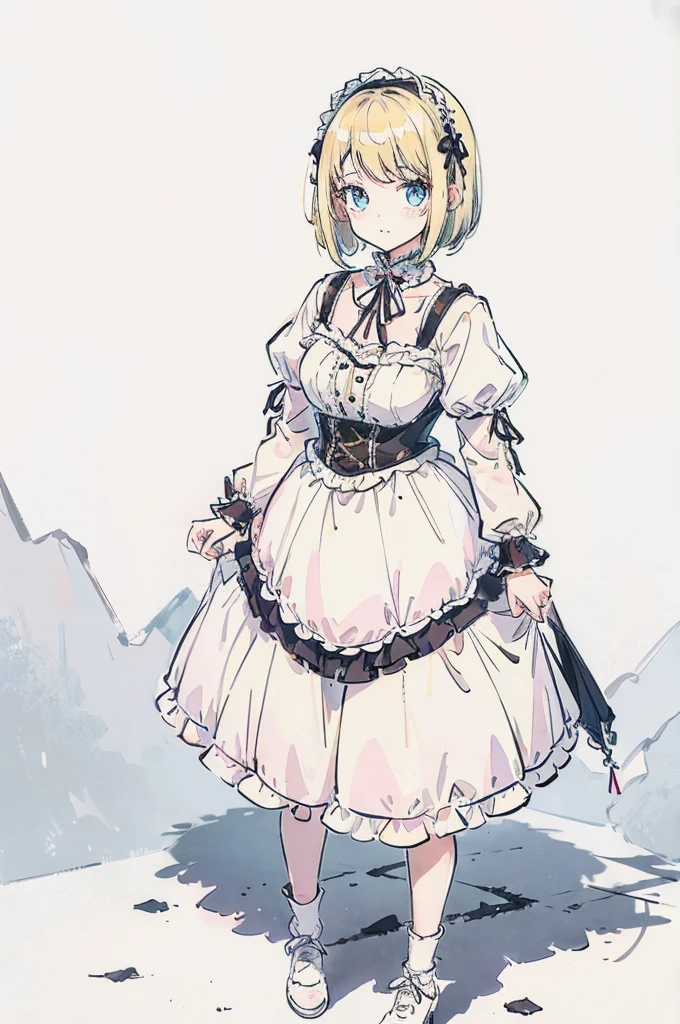 emo girl, white background, kawaii, full body, blonde hair, bob hair, lolita fashion, 22year old