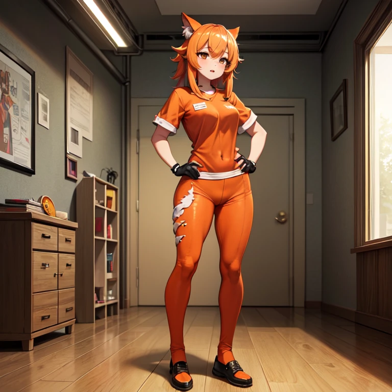 masterpiece,best quality,highly detailed 6+girls,monster girls,sexy monster girls, hybrid monster girls, female monster girls,full body,wearing an orange prison uniform, standing in the rec room,indoors,(((many monster girls around in background))),