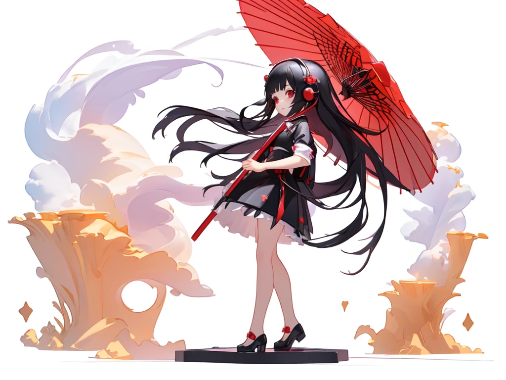 a super cute little girl with long black hair and satin dress, handing a red oil-paper umbrella, chibi, Chrome, full body, Popmart blind box, IP design, 3d rendering, ultra-detailed, white background, no headphones, 3d, c4d, soft lights, 16K, masterpiece, Medium Long View