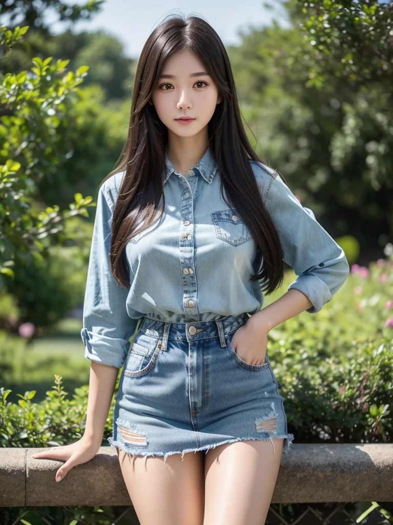 Denim skirt 、(Highest quality)、((Very detailed))、4K、(8K)、masterpiece、Super detailed、Highest quality、Super Resolution、One person、Kind Face、Soft Light、Raw quality、Soft Skin、Heel、Thighs、163cm