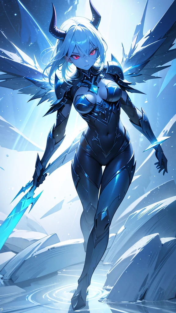 A blue-skinned demon girl, icy wings, sharp gaze, icy world, full body, red eyes, ice reflecting light, shafts of light, glowing, best quality, 8k, highres, masterpiece, ultra-detailed, realistic, photorealistic, studio lighting, extreme detail description, professional, vivid colors