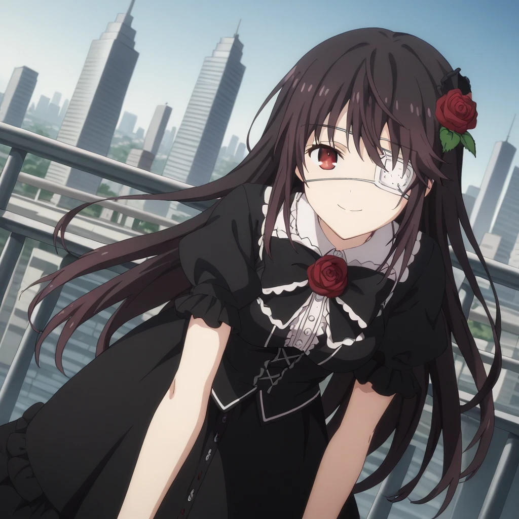 score_9, score_8_up, score_7_up, source_anime,
kurumitokisaki, kurumi tokisaki, black hair, red eyes, long hair,
bangs, hair ornament, dress, flower, short sleeves, frills, hair flower, black dress, rose, eyepatch, red flower, red rose, medical eyepatch, frilled dress, puffy sleeves,
outdoors, cityscape, bent over, smile,
looking at viewer, solo, cowboy shot, dutch angle,