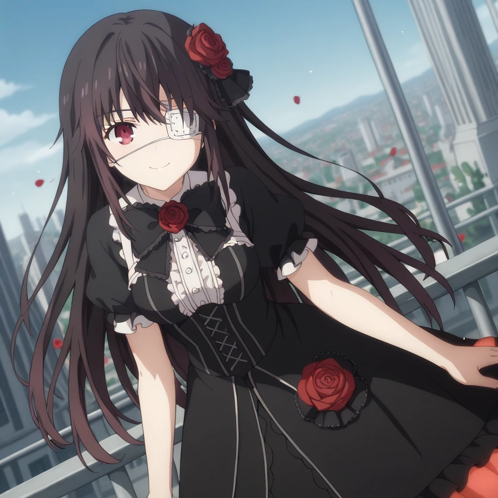 score_9, score_8_up, score_7_up, source_anime,
kurumitokisaki, kurumi tokisaki, black hair, red eyes, long hair,
bangs, hair ornament, dress, flower, short sleeves, frills, hair flower, black dress, rose, eyepatch, red flower, red rose, medical eyepatch, frilled dress, puffy sleeves,
outdoors, cityscape, bent over, smile,
looking at viewer, solo, cowboy shot, dutch angle,