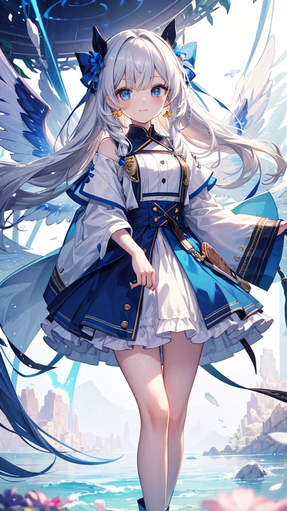 (((tmasterpiece)))、(((top-quality)))、((ultra - detailed))、(illustratio)、((Extremely Delicately Beautiful))、、Bright smile、Floating、、、long whitr hair、The wind is blowing、A WORLD、（adorable eyes）、white color hair！！！，dual horsetail！！！Spiral hair tail，blue color eyes，a cute loli，frontage，standing on your feet，a paradise，wings