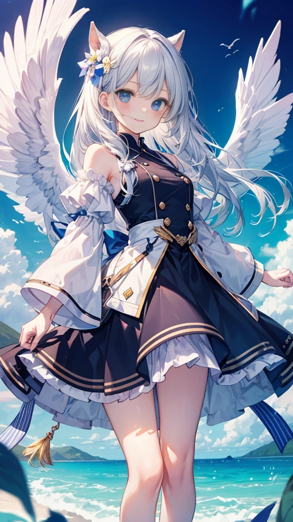 (((tmasterpiece)))、(((top-quality)))、((ultra - detailed))、(illustratio)、((Extremely Delicately Beautiful))、、Bright smile、Floating、、、long whitr hair、The wind is blowing、A WORLD、(adorable eyes)、white color hair!!!,dual horsetail!!!Spiral hair tail,blue color eyes,a cute ,frontage,standing on your feet,a paradise,wings