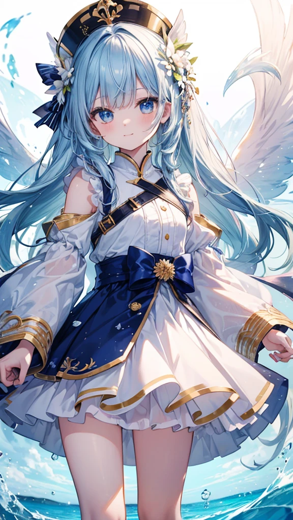 (((tmasterpiece)))、(((top-quality)))、((ultra - detailed))、(illustratio)、((Extremely Delicately Beautiful))、、Bright smile、Floating、、、long whitr hair、The wind is blowing、A WORLD、(adorable eyes)、white color hair!!!,dual horsetail!!!Spiral hair tail,blue color eyes,a cute ,frontage,standing on your feet,a paradise,wings