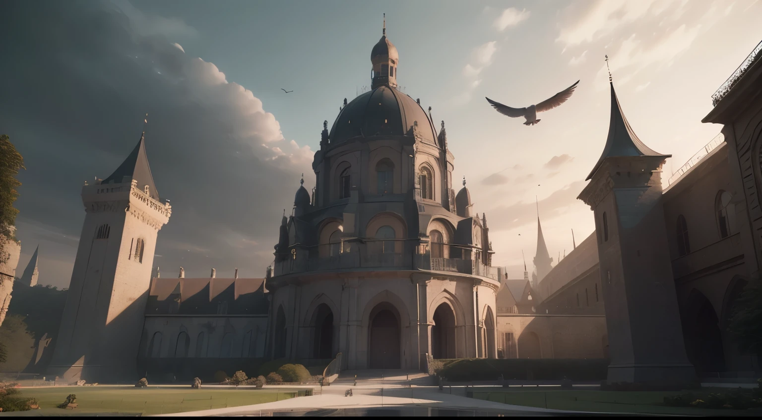 A giant whale carries a towering, dreamlike castle, Swim in the sky, A flock of sacred birds flew away, Conceptual Art, tonalism, Ray Tracing, blend, full bloom, Stereogram, projected inset, Wide Shot, Landscape, Atmospheric perspective, Hyper HD, masterpiece, Accurate, Textured skin, Super detailed, Attention to detail, high quality, Awards, High resolution, 8K