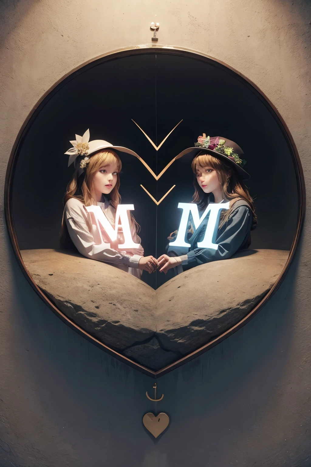 capital letter M with the name Mariel hidden slightly with the capital letter j and discreet hearts