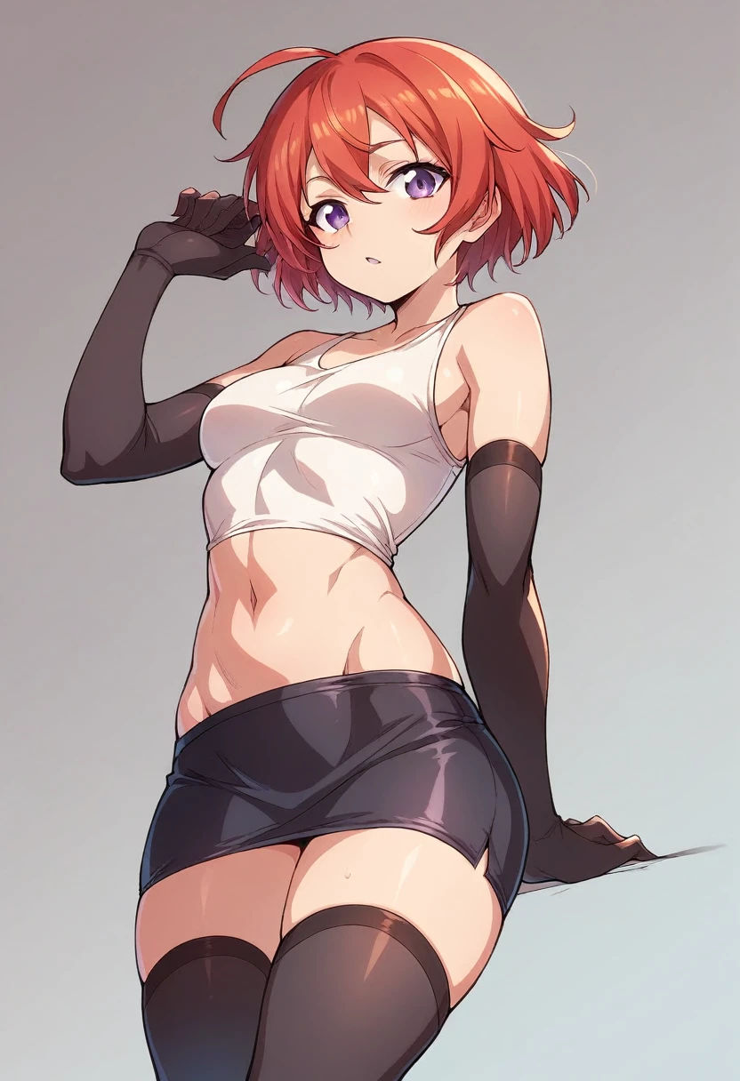 Masterpiece, best quality,maki nishikino, tight black pencil skirt, white tank top,navel, elbow gloves, thighhighs,red hair, purple eyes