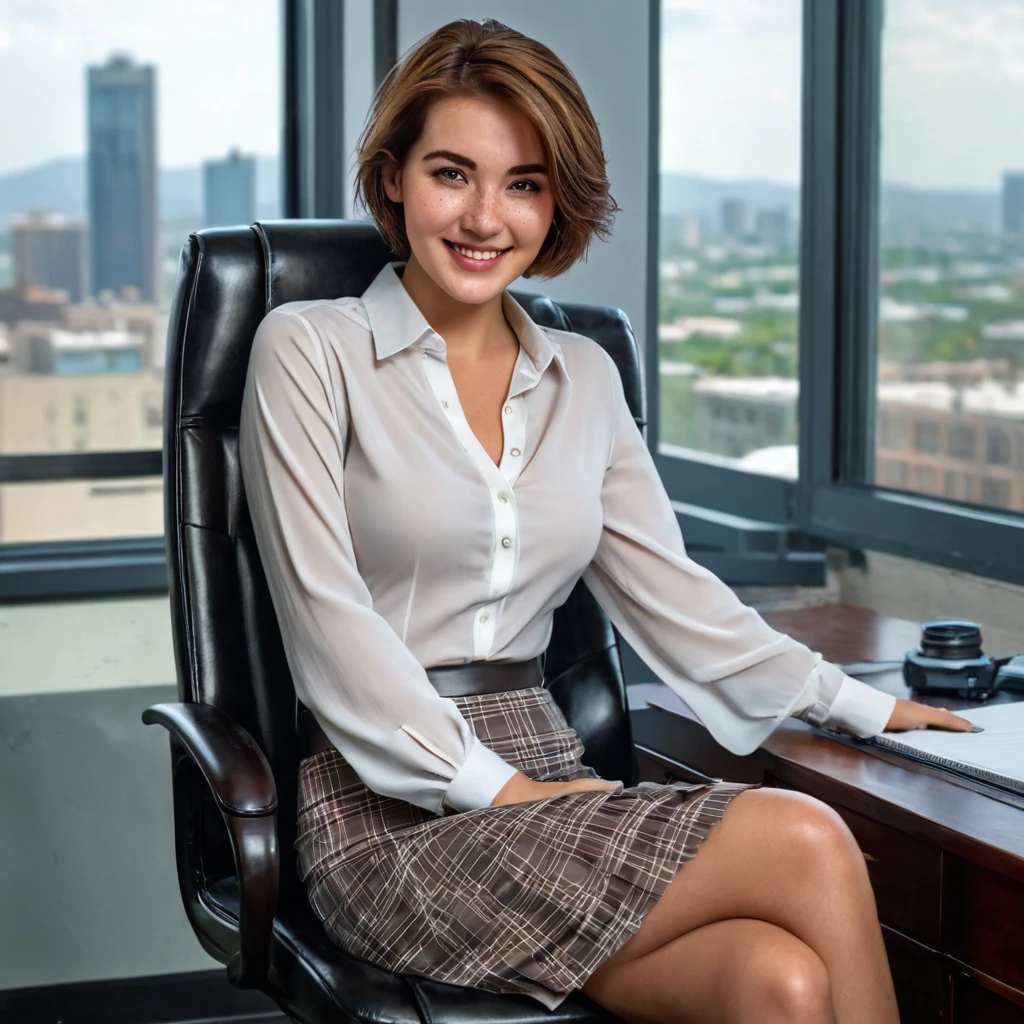 1girl, (short brown hair:1.2), wearing an open white shirt sitting in a large detailed leather office chair, cluttered office room with city scene in window background, freckles on chest, cleavage, pleated gray plaid skirt, lace pantyhose, heels, extremely detailed skin pores, (detailed skin:1.2), many layers, from below, smile, (looking at viewer:1.4), (eyes half shut) analog style, (realistic:1.5), shot with a DLSR, sharp focus, dramatic shadows, volumetric lighting, HDR, UHD, candid, modelshoot, eye symmetry, , masterpiece, best quality,, masterpiece, best quality,