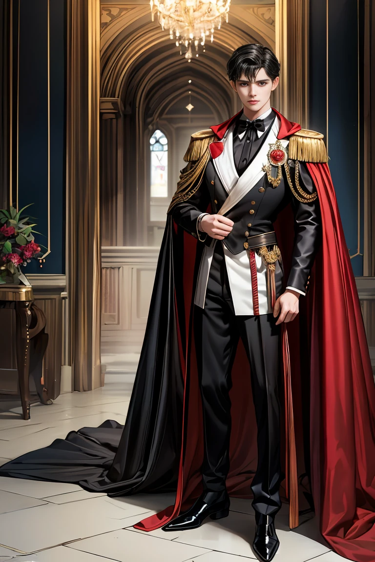 masterpiece, 最high quality, high quality, 1 boy, alone, Male focus, Watching the audience, Messy black hair, Adorable big blue eyes, White people, Noble, Noble,Sexy voluminous black and red cape、Tuxedo、A very voluminous, large, very large, very large, long, long red and black cape with a high stand-up collar, reaching down to the floor, made of a lot of fabric., 17 years old,Cute beautiful boys,Cute, cute, kind, handsome guy