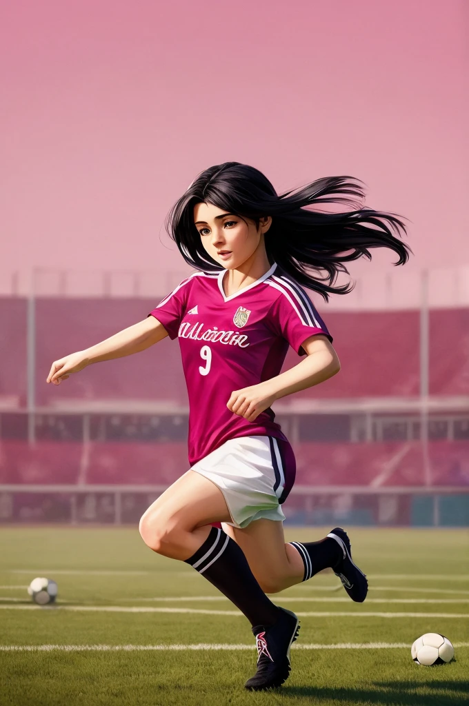 ((best quality)), ((masterpiece)), (detailed), perfect face tender girl with black hair playing soccer on a field pink background with soccer field