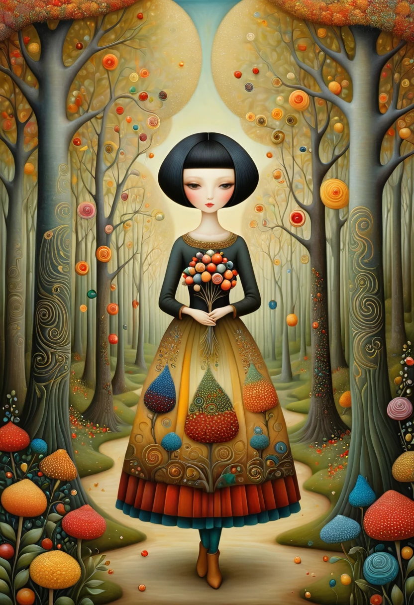 Patchwork by Klimt, Nicoletta Ceccoli, Naoto Hattori, Lawrence Didier, Leonora Carrington of European Woman with short black hair and a long wide skirt, walks in beautiful forest with strangely shaped trees of many colors, holds flowers and berries in his hands. warm colors