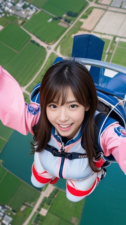 Highest quality, beautiful, Japanese women,Long brown hair,18-year-old, (thin), (Small breasts), Full Body Shot,Normal size hands,Her face looks like a Japanese idol,The legs are slightly long at the thighs,height: 160cm,Laughter,stop temporarily,Spectacular panorama of skydiving,(Overhead Shot:1.3),Fly in a diving suit,Falling downwards、Equipped with a parachute、Looking down at the viewer, Towards the ground、