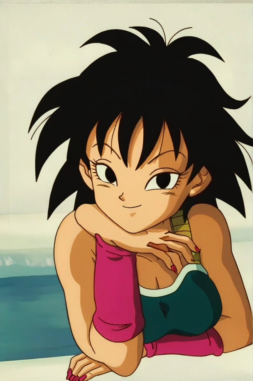 fountain_cheered up, score_9,score_8_above, score_7_above,  gineDb, cheered up screencap, 
1 girl, Alone, old, looking at the viewer, SMILE, short hair, simple background, black fur, neckline, bare shoulders, medium old, Closed mouth, aboveper body, retro artStyle, 1990s \(Style\), Gray background, black eyes, nails, hands above, bare arms, eyelashes, half closed eyes, happy, own hands together, spiky hair, pink bracelet, intertwined fingers, headrest, elbow rest, saiyajin armadura, green saiyajin armadura, Eyebrows, v-shaped Eyebrows
 