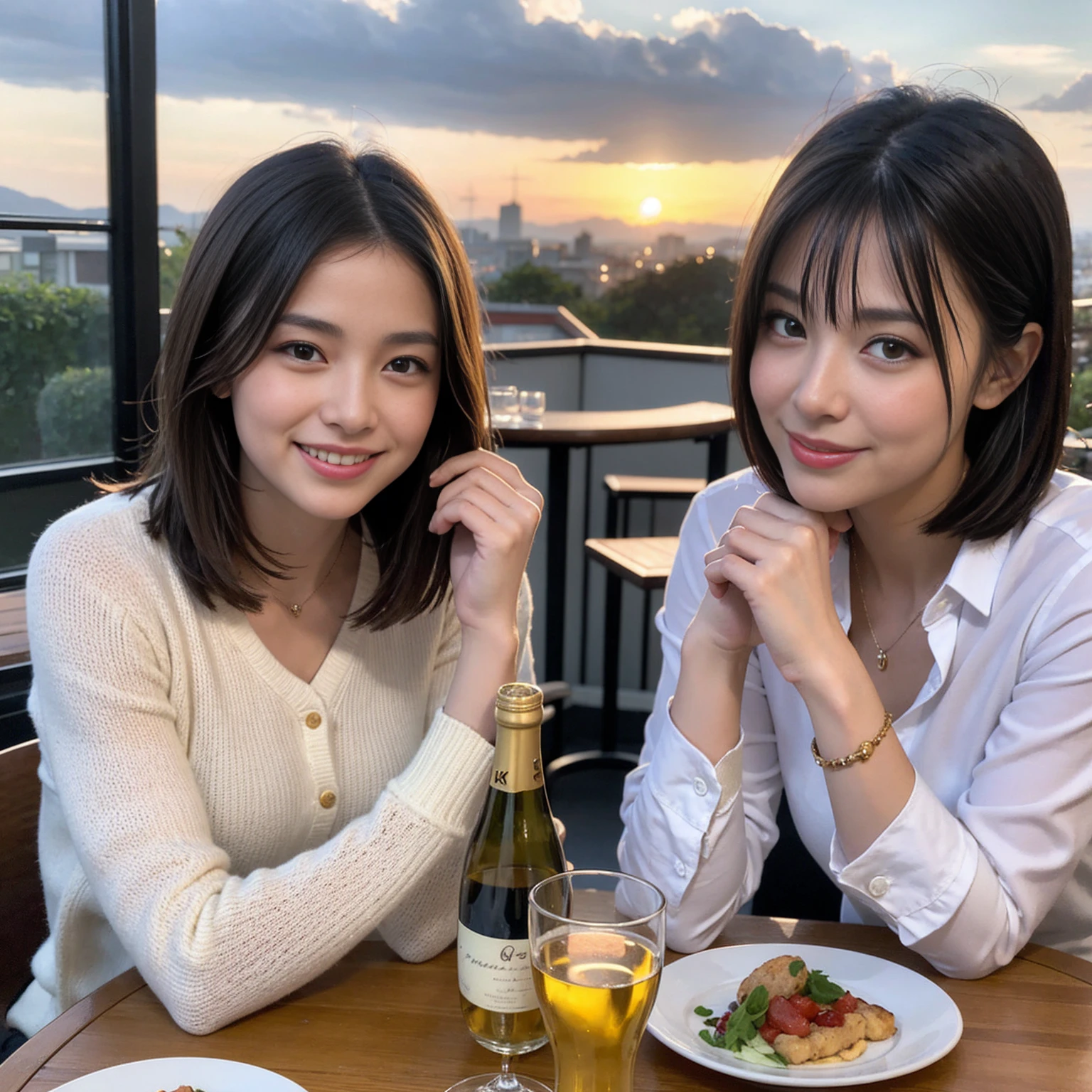 ((Highest quality、8K、masterpiece:1.3))、 (Ultra-realistic、 Genuine、Bright image、Intricate details:1.2), 最高のsmile、1 male、1 female、Beautiful couple、love love love、Lovers in Yokohama、Good friends、actress couple、smile、Full-course dinner at a packed table、 (Slim face), (the body is slim), (Brown Hair), (short hair), テーブルのwine glass、Please shine a light on my face、 Amazing view of the sunset sky and clouds、42 years old 39 years old, red wine 、Appetizers、Wine bottle、sparkling wine、Long sleeve shirt、dress、White wine, red wine, wine glass, 