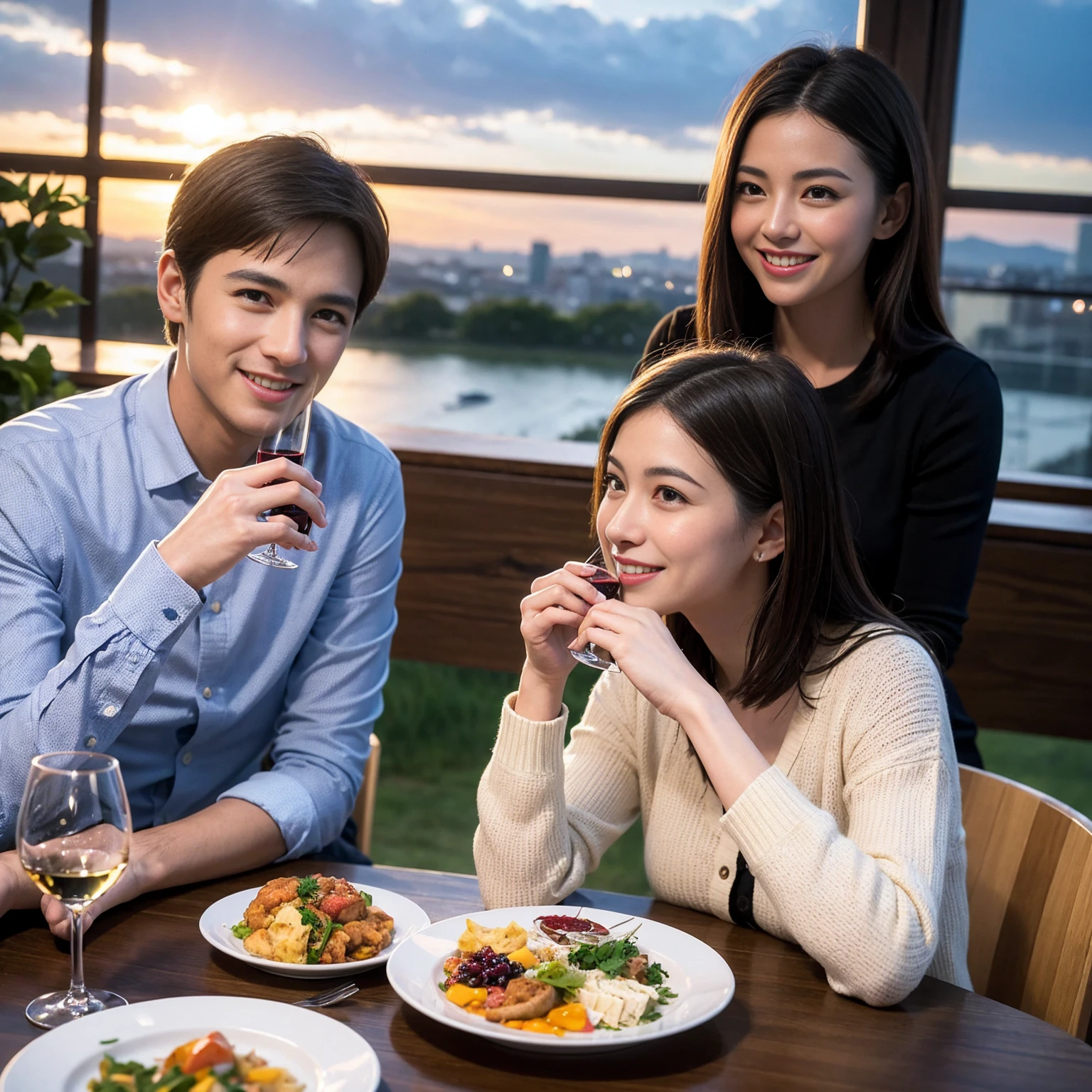((Highest quality、8K、masterpiece:1.3))、 (Ultra-realistic、 Genuine、Bright image、Intricate details:1.2), 最高のsmile、1 male、1 female、Beautiful couple、love love love、Lovers in Yokohama、Good friends、actress couple、smile、Full-course dinner at a packed table、 (Slim face), (the body is slim), (Brown Hair), (short hair), テーブルのwine glass、Please shine a light on my face、 Amazing view of the sunset sky and clouds、42 years old 39 years old, red wine 、Appetizers、Wine bottle、sparkling wine、Long sleeve shirt、dress、White wine, red wine, wine glass, 