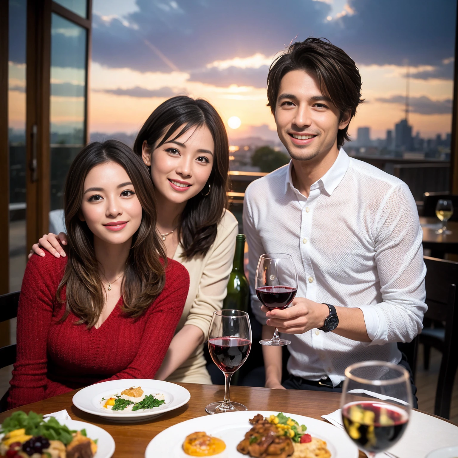 ((Highest quality、8K、masterpiece:1.3))、 (Ultra-realistic、 Genuine、Bright image、Intricate details:1.2), 最高のsmile、1 male、1 female、Beautiful couple、love love love、Lovers in Yokohama、Good friends、actress couple、smile、Full-course dinner at a packed table、 (Slim face), (the body is slim), (Brown Hair), (short hair), テーブルのwine glass、Please shine a light on my face、 Amazing view of the sunset sky and clouds、42 years old 39 years old, red wine 、Appetizers、Wine bottle、sparkling wine、Long sleeve shirt、dress、White wine, red wine, wine glass, 