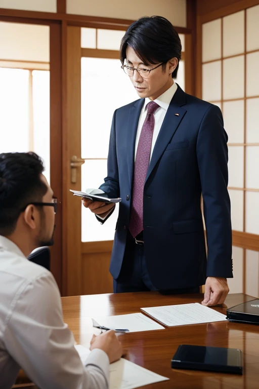 A Japanese salesman negotiating with a client、indoor、There are documents on the desk