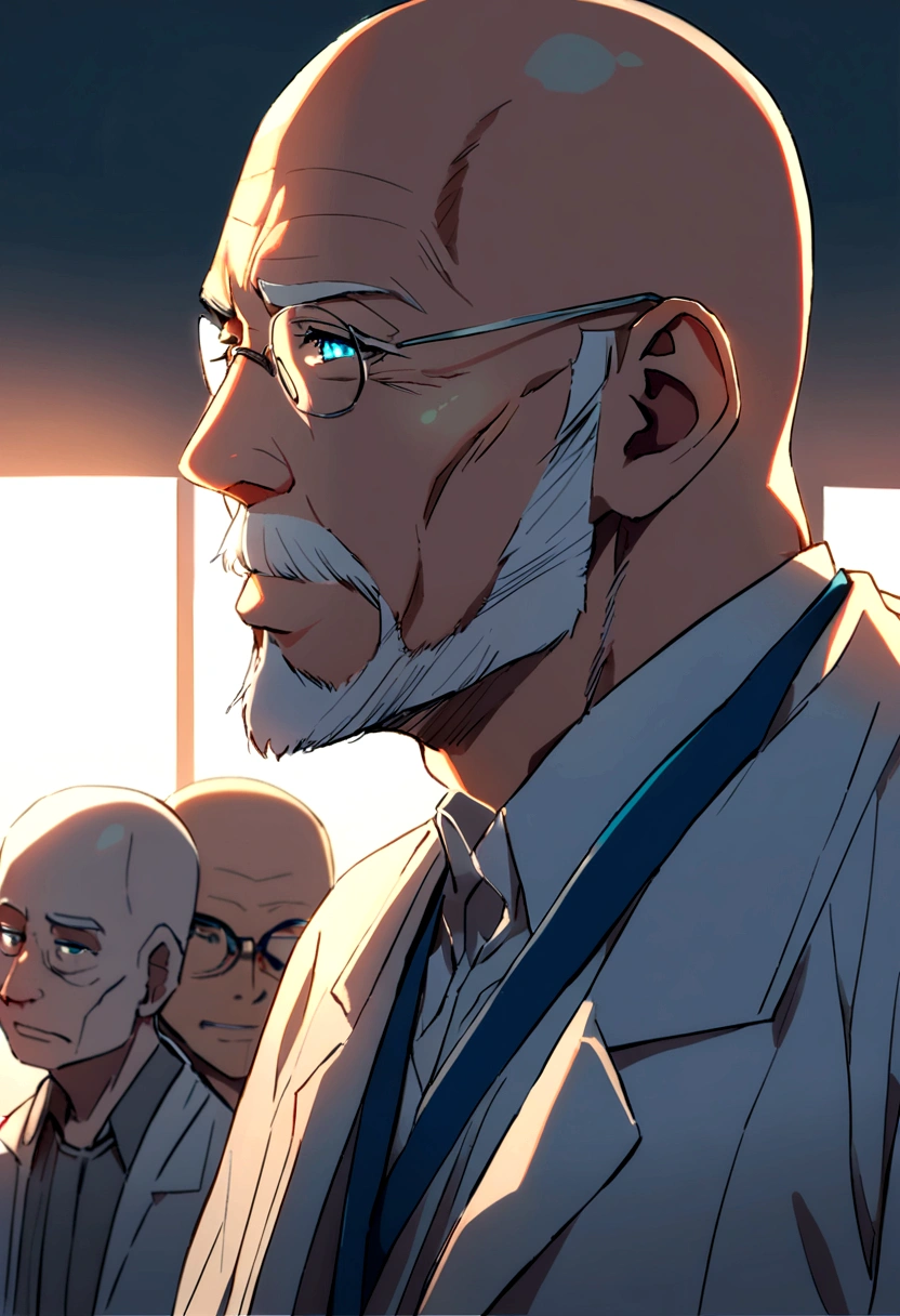 60 years old man, white hair, bald in the middle, white goatee, blue eyes, white blouse, doctor