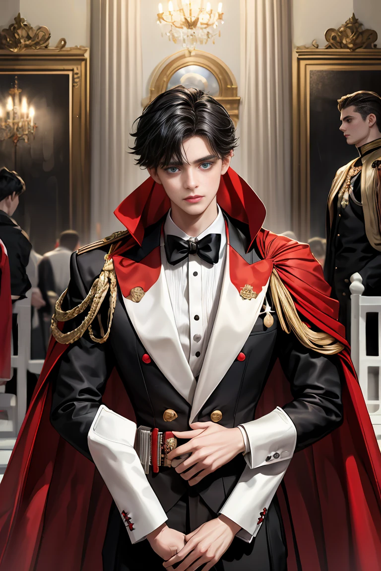 
masterpiece, 最high quality, high quality, 1 boy, alone, Male focus, Watching the audience,  Messy black hair, Adorable big blue eyes, White people, Noble, Noble,Sexy voluminous black and red cape、Tuxedo、A very voluminous, large, very large, very large, long, long red and black cape with a high stand-up collar, reaching down to the floor, made of a lot of fabric., 17 years old,Cute beautiful boys,Cute, cute, kind, handsome guy
