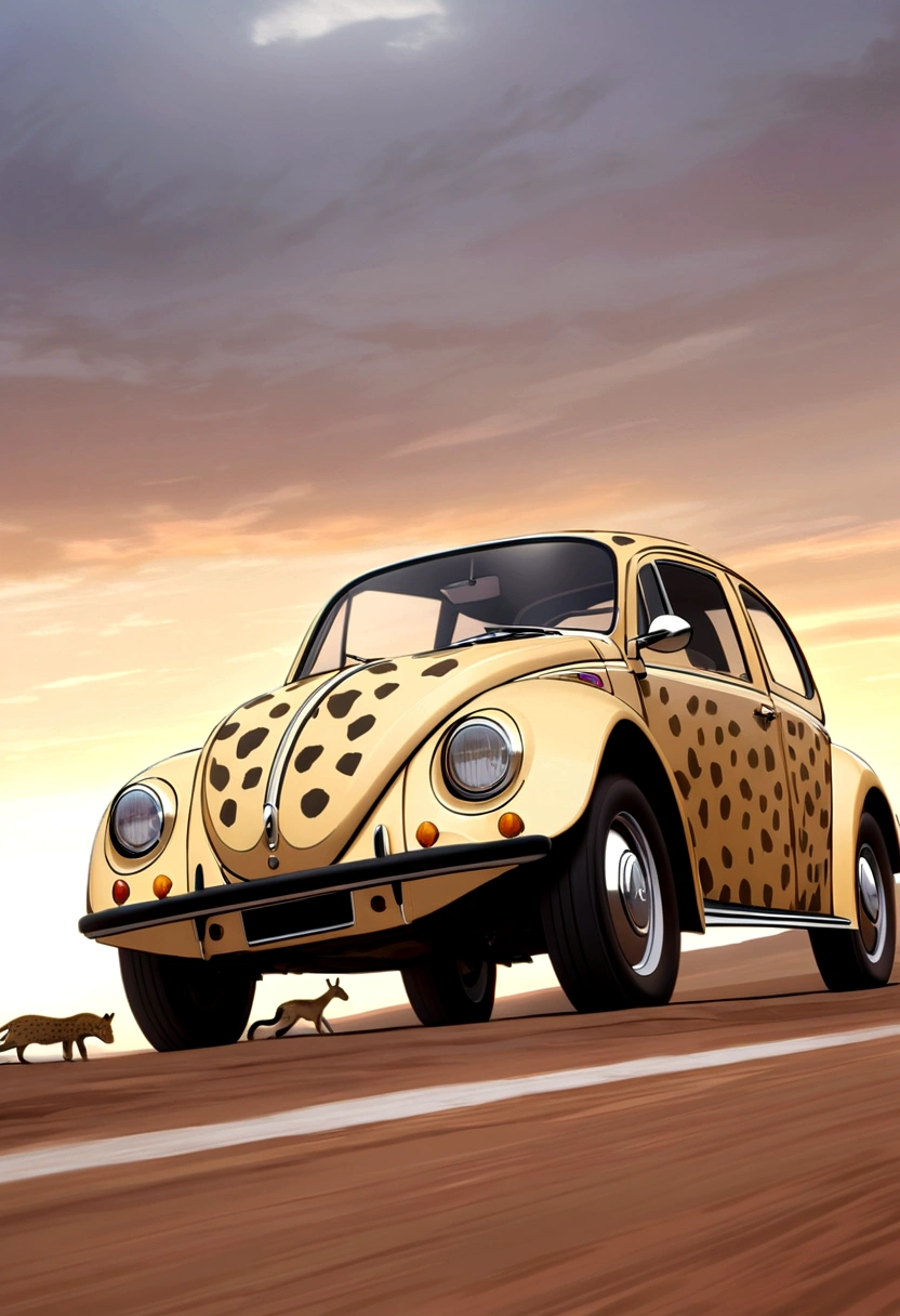 A Volkswagen beetle (Cheetah paint scheme, feline eye headlights, cheetah tail) is chasing an impala on the plains of Africa