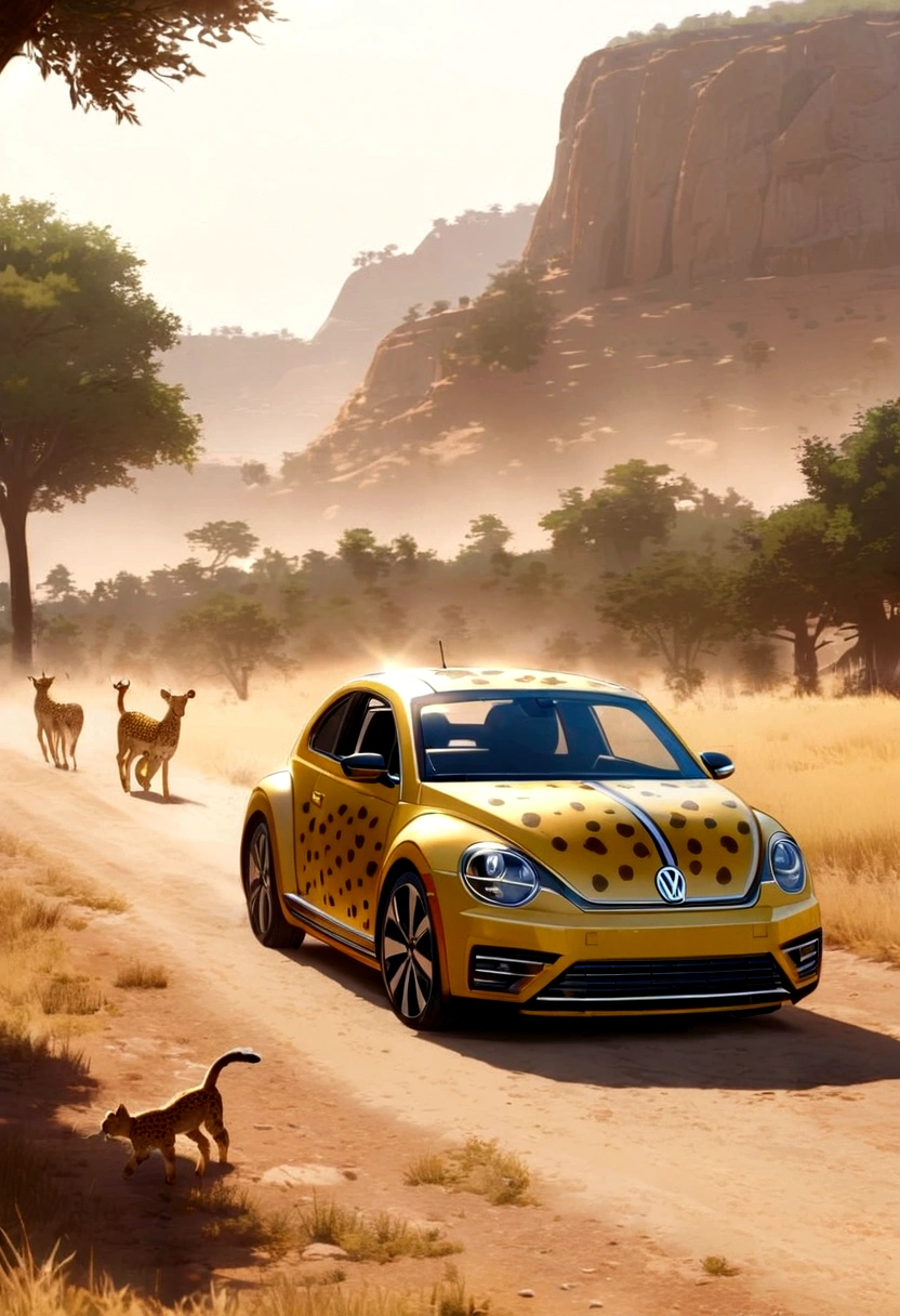 A Volkswagen beetle (Cheetah paint scheme, feline eye headlights, cheetah tail) is chasing an impala on the plains of Africa