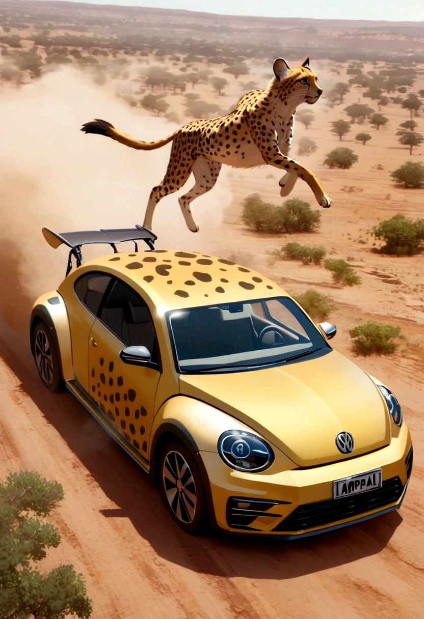 A Volkswagen beetle (Cheetah paint scheme, feline eye headlights, cheetah tail) is chasing an impala on the plains of Africa 