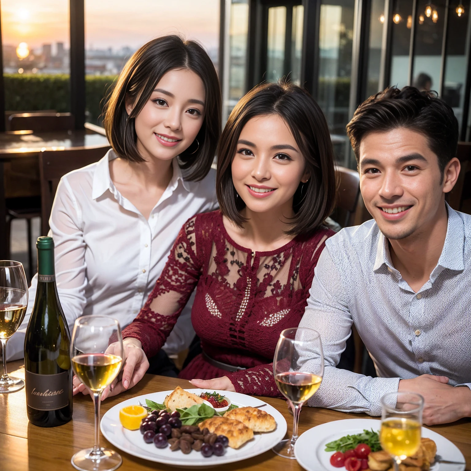 ((Highest quality、8K、masterpiece:1.3))、 (Ultra-realistic、 Genuine、Bright image、Intricate details:1.2), 最高のsmile、1 male、1 female、Beautiful couple、Love Love Love、Tokyo Lovers、Good friends、actress couple、smile、Full-course dinner at a packed table、 (Slim face), (the body is slim), (Brown Hair), (short hair), テーブルのwine glass、Please shine a light on my face、 Amazing view of the sunset sky and clouds、 years old 39 years old, red wine 、Appetizers、Wine bottle、sparkling wine、Long sleeve shirt、dress、White wine, red wine, wine glass,