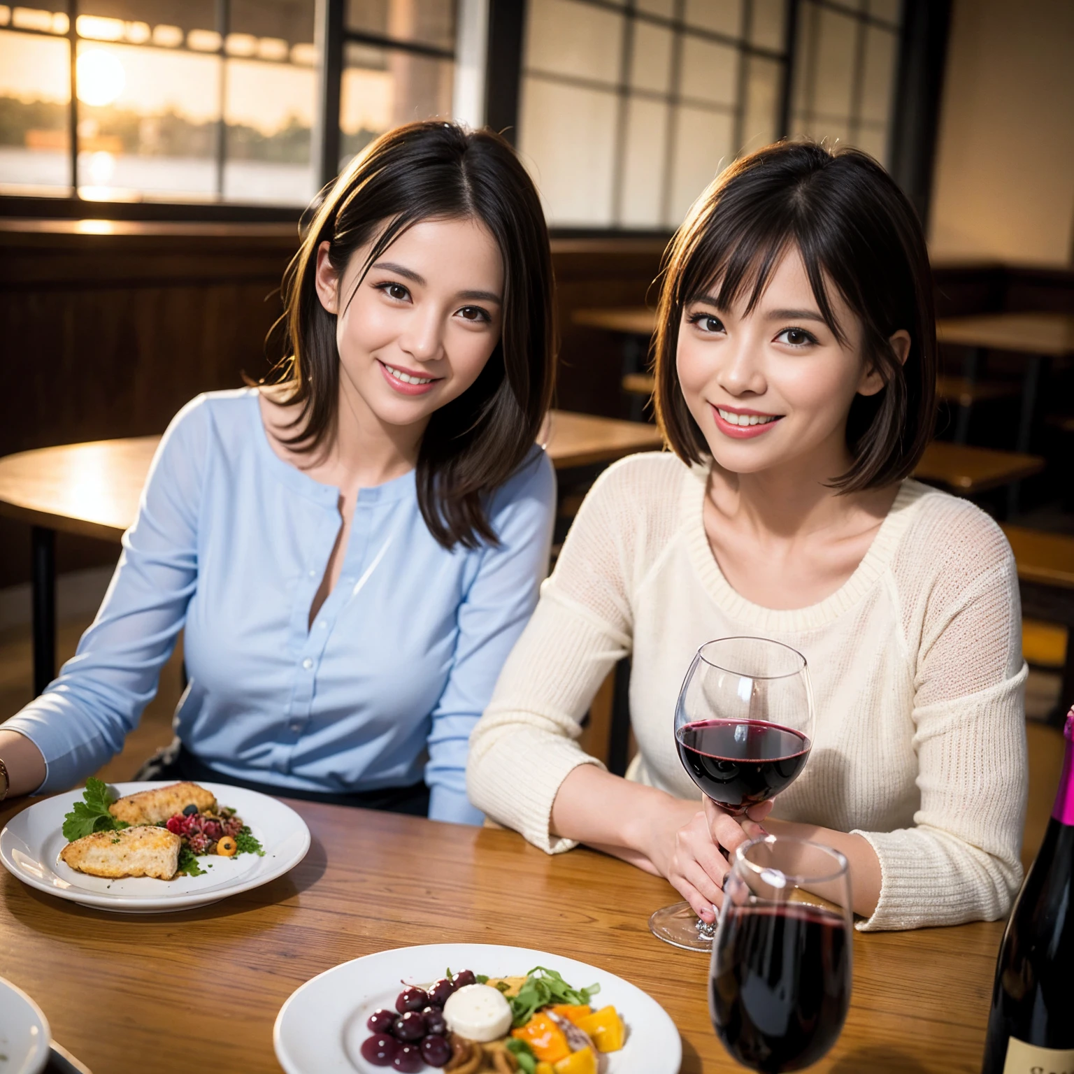 ((Highest quality、8K、masterpiece:1.3))、 (Ultra-realistic、 Genuine、Bright image、Intricate details:1.2), 最高のsmile、1 male、1 female、Beautiful couple、Love Love Love、Tokyo Lovers、Good friends、actress couple、smile、Full-course dinner at a packed table、 (Slim face), (the body is slim), (Brown Hair), (short hair), テーブルのwine glass、Please shine a light on my face、 Amazing view of the sunset sky and clouds、 years old 39 years old, red wine 、Appetizers、Wine bottle、sparkling wine、Long sleeve shirt、dress、White wine, red wine, wine glass,