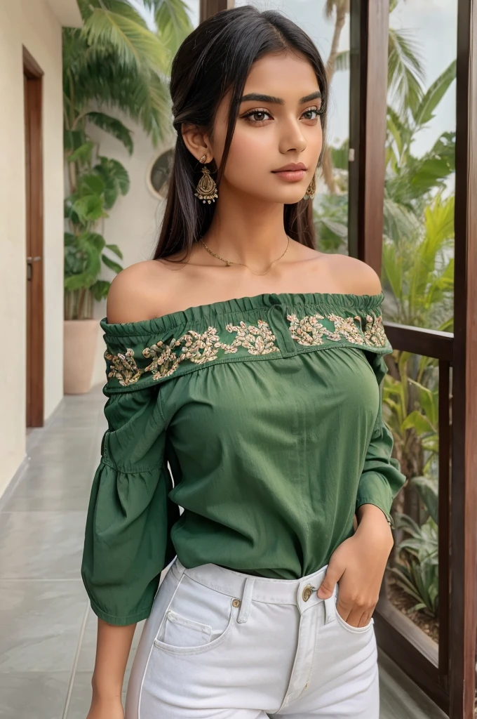 ((best quality)), ((masterpiece)), (detailed),
Indian 1girl, off-shoulder shirts ,