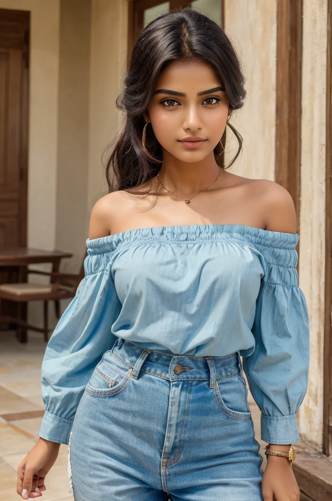 ((best quality)), ((masterpiece)), (detailed),
Indian 1girl, off-shoulder shirts ,