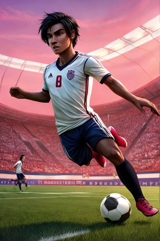 ((best quality)), ((masterpiece)), (detailed), perfect face tender  with black hair playing soccer on a field pink background with soccer field