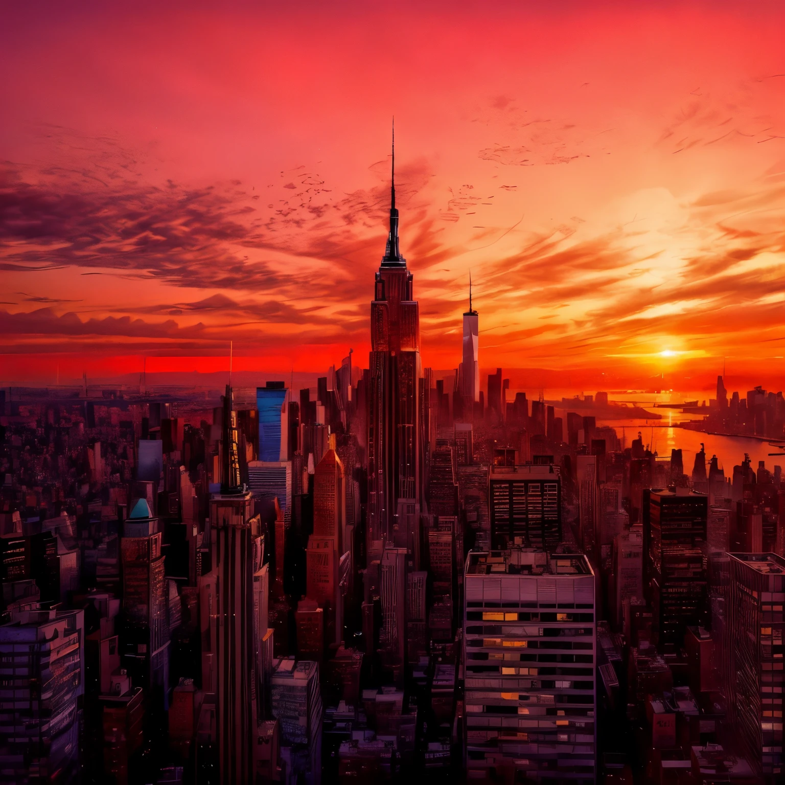 Structure of city skyline at sunset, New York backdrop, New York city as backdrop, New York in the future, Manhattan&#39;s Golden Hour, New York city background, New York city, New York city skyline, New York skyline, Illustration Matte Painting, Matte Digital Painting, beautiful Matte Painting, Matte Painting, New York, Amazing digital painting