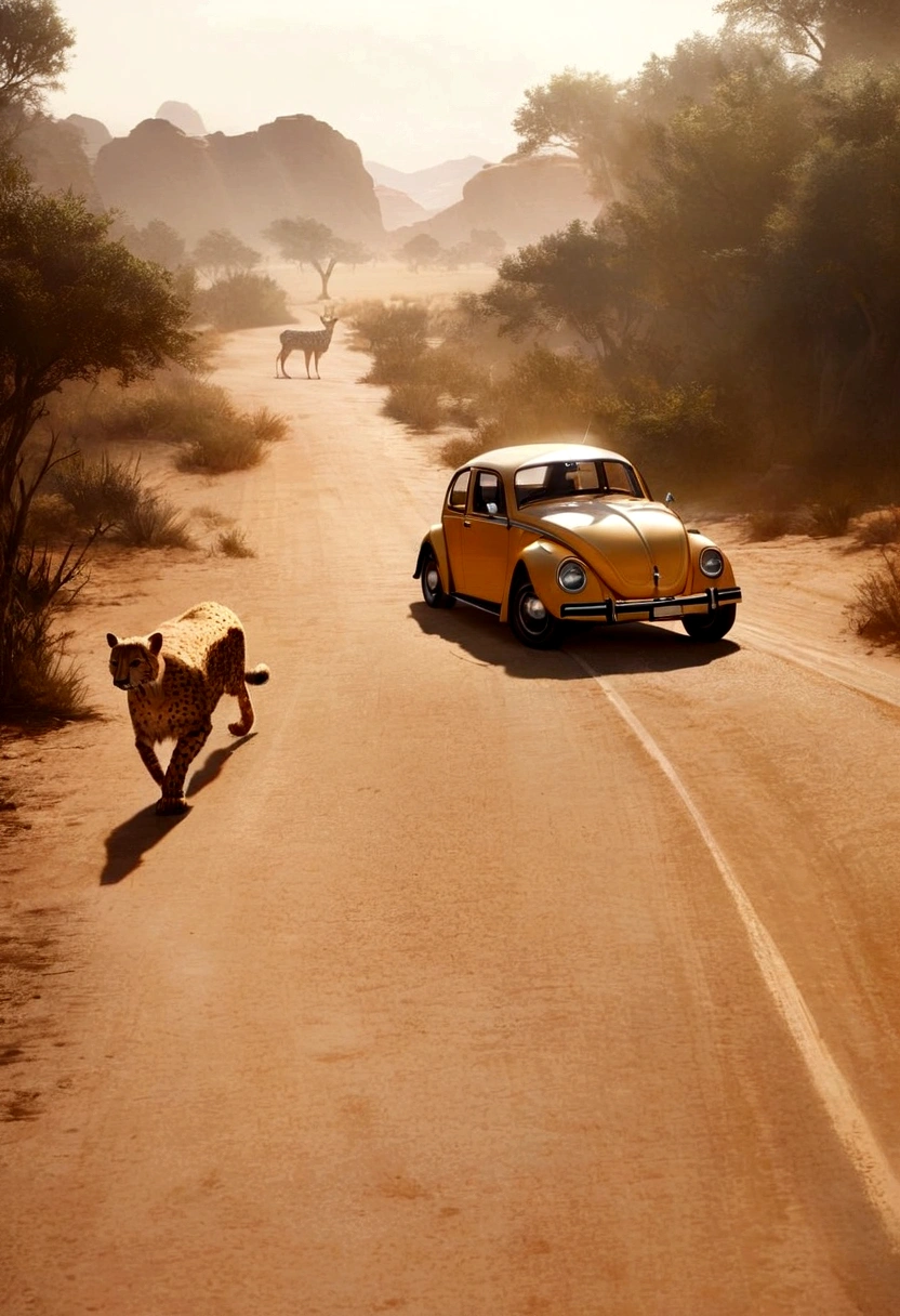 A Volkswagen beetle, cheetah print, cheetah eye headlights, cheetah tail, chasing an impala, plains of Africa, realistic, 8k, high quality, detailed, cinematic lighting, vibrant colors, dramatic composition, award winning photography
