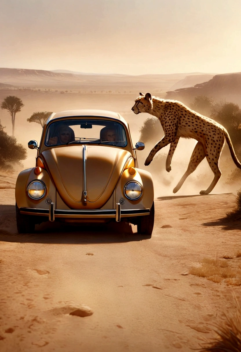 A Volkswagen beetle, cheetah print, cheetah eye headlights, cheetah tail, chasing an impala, plains of Africa, realistic, 8k, high quality, detailed, cinematic lighting, vibrant colors, dramatic composition, award winning photography
