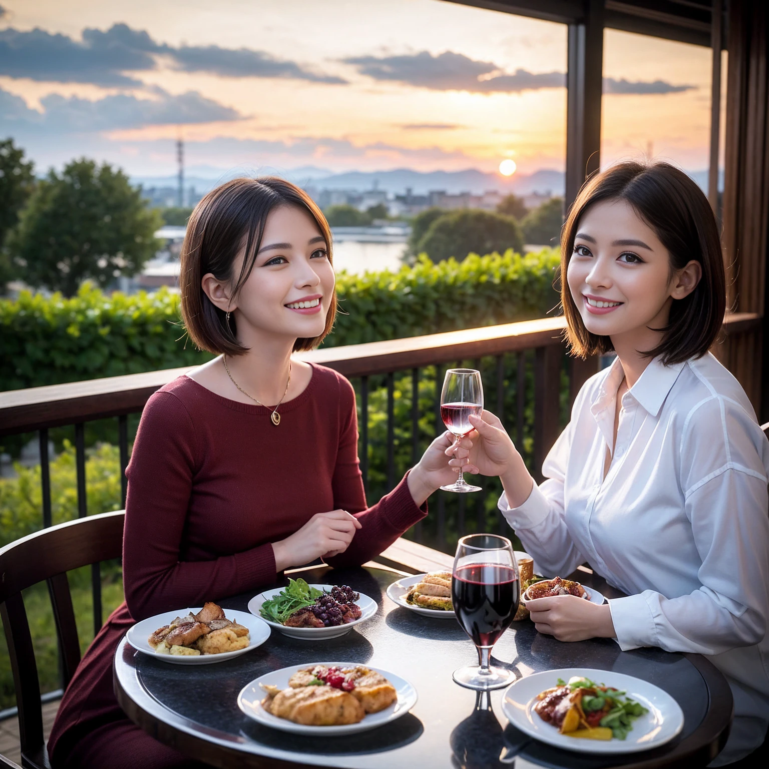 ((Highest quality、8K、masterpiece:1.3))、 (Ultra-realistic、 Genuine、Bright image、Intricate details:1.2), 最高のsmile、1 male、1 female、Beautiful couple、Love Love Love、To all Yokohama lovers、Good friends、actress couple、smile、Full-course dinner at a packed table、 (Slim face), (the body is slim), (Brown Hair), (short hair), テーブルのwine glass、Please shine a light on my face、 Amazing view of the sunset sky and clouds、 years old 39 years old, red wine 、Appetizers、Wine bottle、sparkling wine、Long sleeve shirt、dress、White wine, red wine, wine glass,