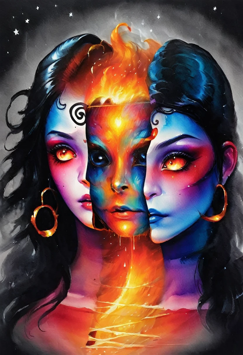 High Resolution, High Quality , Masterpiece .Hyper-realistic ink drawing with surreal colors, elements of absurdity in the style of Ross Tran featuring postal envelopes aflame as a reference to Roby Dwi Antono, letters, broken hearts, skulls, and a treble clef ascending into a starry sky, chiaroscuro lighting enhancing symbols of departed love, a moon adorned with eyes emitting an air of melancholy, atmospheric mood.