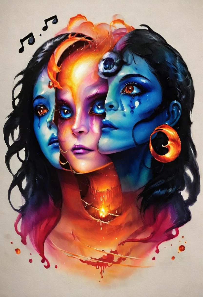 High Resolution, High Quality , Masterpiece .Hyper-realistic ink drawing with surreal colors, elements of absurdity in the style of Ross Tran featuring postal envelopes aflame as a reference to Roby Dwi Antono, letters, broken hearts, skulls, and a treble clef ascending into a starry sky, chiaroscuro lighting enhancing symbols of departed love, a moon adorned with eyes emitting an air of melancholy, atmospheric mood.