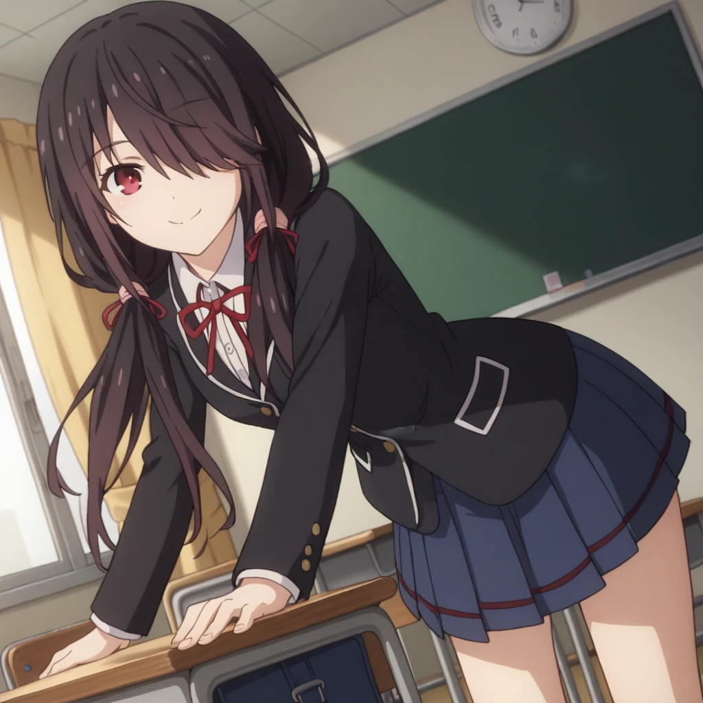 score_9, score_8_up, score_7_up, source_anime,
kurumitokisaki, kurumi tokisaki, black hair, red eyes, long hair,
skirt, long sleeves, ribbon, school uniform, jacket, pleated skirt, bag, hair over one eye, blue skirt, blazer, school bag, black blazer, twintails, low twintails,
indoors, classroom, bent over, smile,
looking at viewer, solo, cowboy shot, dutch angle,