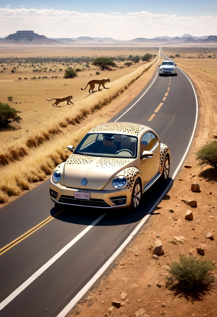 A Volkswagen beetle (Cheetah paint scheme, feline eye headlights, cheetah tail) is chasing an impala on the plains of Africa
