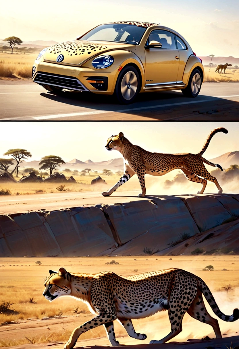A Volkswagen beetle (Cheetah paint scheme, feline eye headlights, cheetah tail) is chasing an impala on the plains of Africa