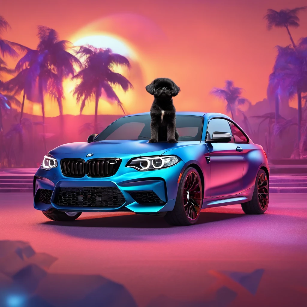 2 adorable small black shih tzus wearing red sunglasses in a new blue BMW M2 sunset and rainbow in background